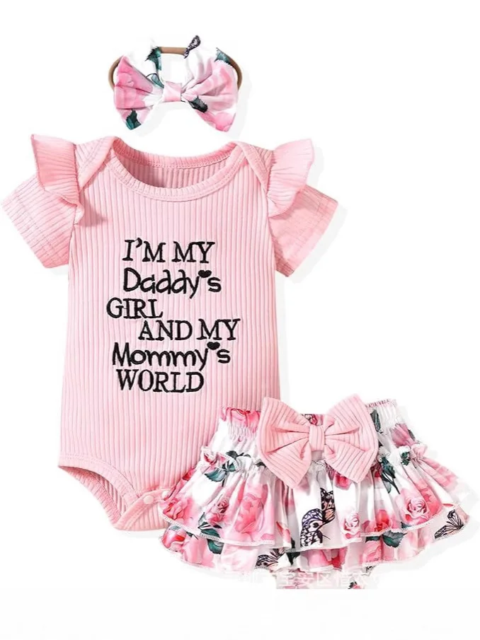 

Infant Short Sleeve Triangle Romper Summer Baby Girl Letter Embroidered Top Flower Culottes Bow Set baby girl clothes