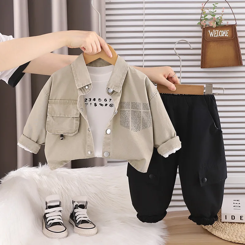 Toddler Boys Fall Clothing Kids Outfit 2026 Spring Autumn Casual Pocket Jacket + White T-shirts + Pants 3 Piece Baby Boy Set