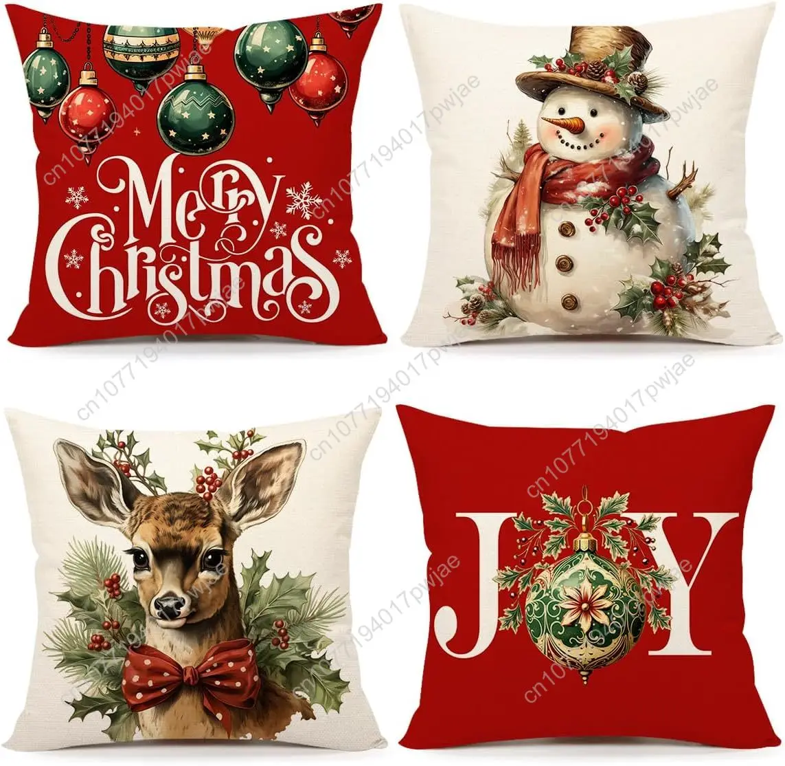 

4TH Emotion Christmas Pillow Covers 18x18 Set of 4 Red White Farmhouse Xmas Decorations Snowman Deer Joy Winter Holiday Decor Th