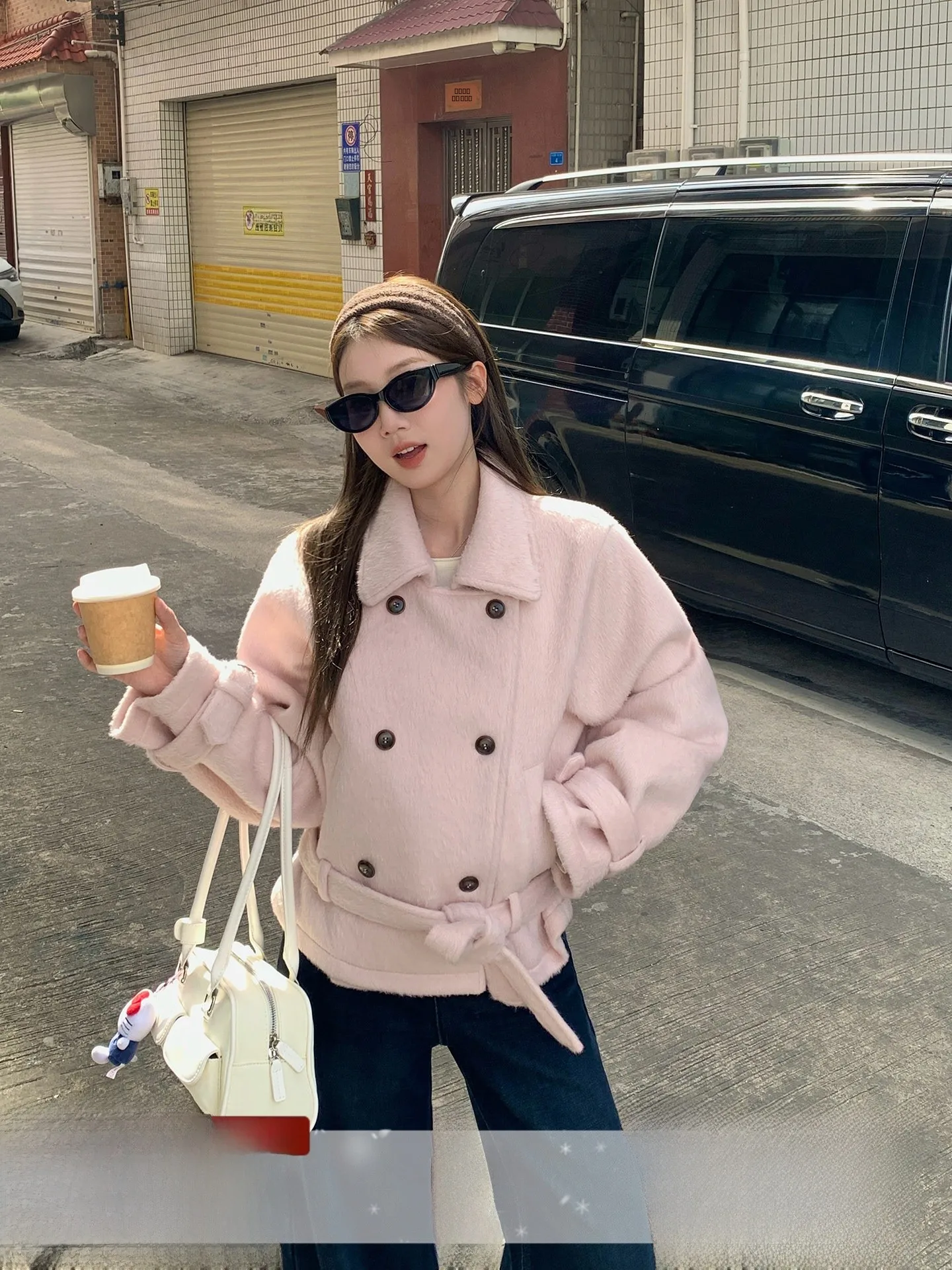 

ort Double-Breasted Woolen Coat for Women Korean Sle Small Size Jaet Flip Collar Pink Color U77 Brand Commute Faion