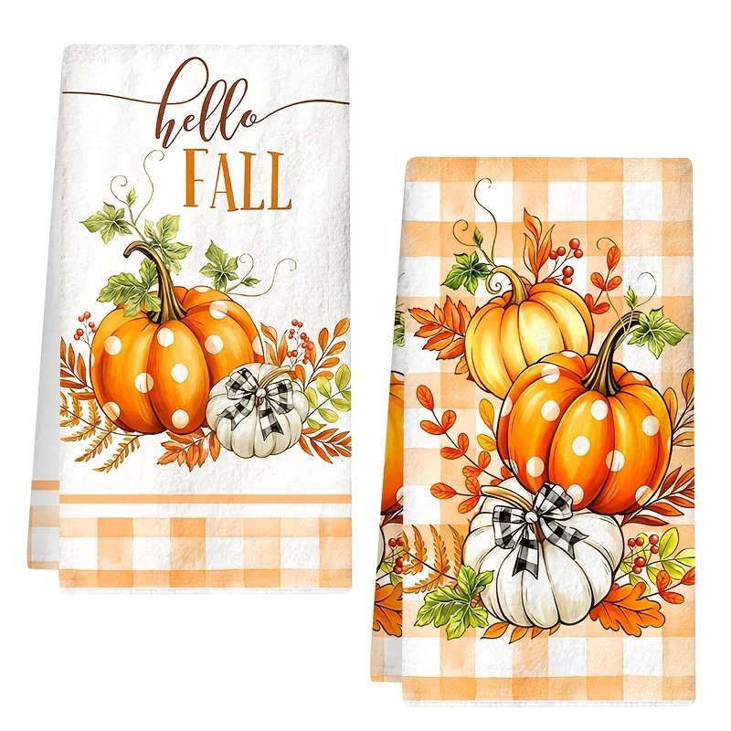 2Pcs Hello Fall Buffalo Check Pumpkin Kitchen Towels Absorbent Cleaning Cloth Winter Home Goods Thanksgiving Christmas Gift