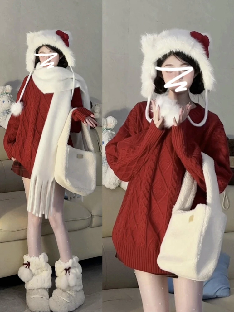 

Красный вязаный свитер, женский свитер, осень 2023, новинка Sle Sweet, свободный крой, длинный свек, круглый, чистый цвет, зимняя мода