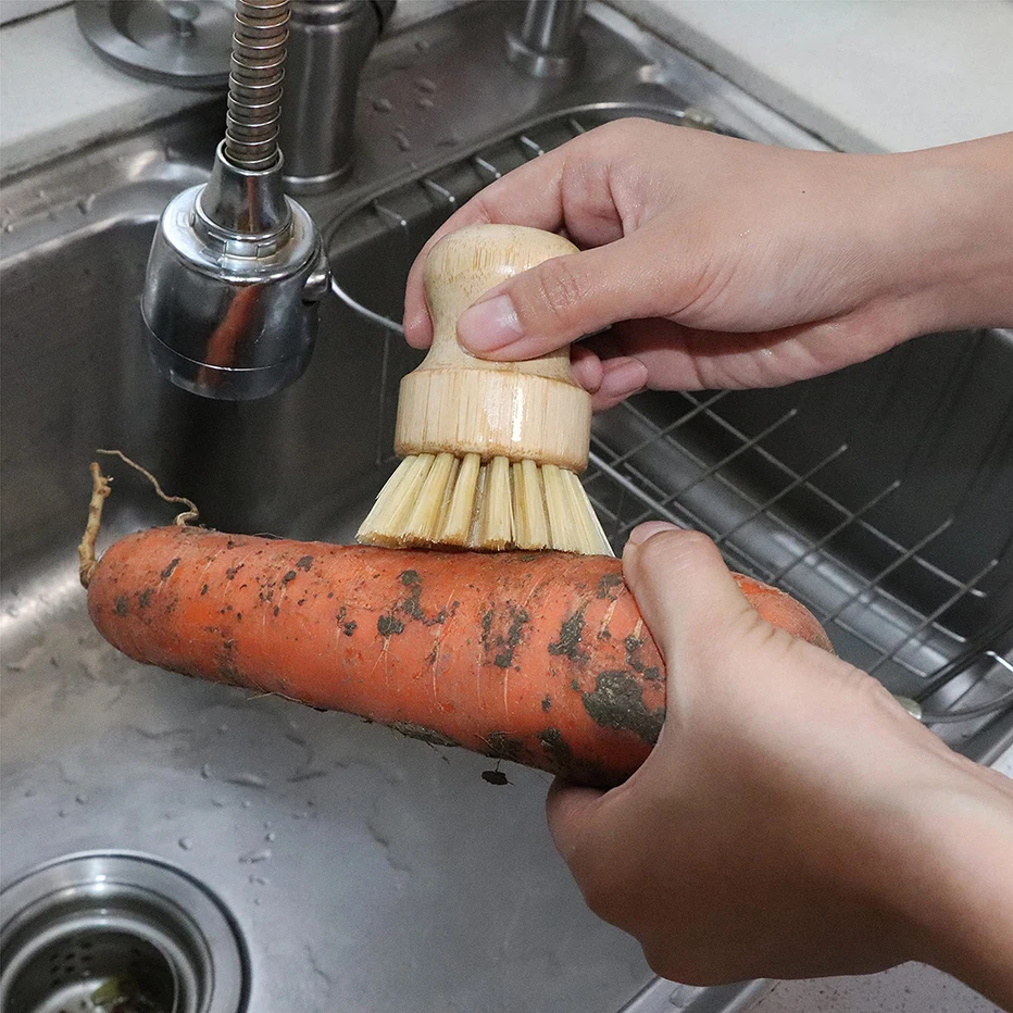 Cepillo de bambú para fregar platos, cepillo de limpieza para fregar platos de madera de cocina, sartén de hierro fundido