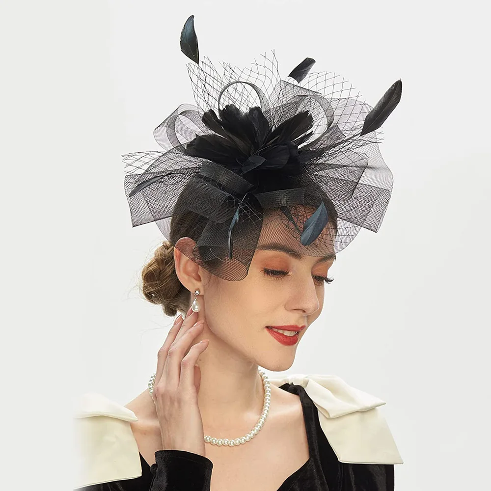 Fascinators cappello donna fiore maglia nastri piume fedora cappello fascia o una Clip Cocktail Tea Party Headwewar per ragazze