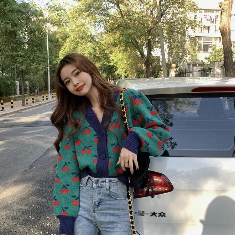 Fashion Cherry Cardigan Women Clothes Vinage Knit Cropped Sweaters Tops Loose Pull Femme Korean Fashion Sueter Mujer