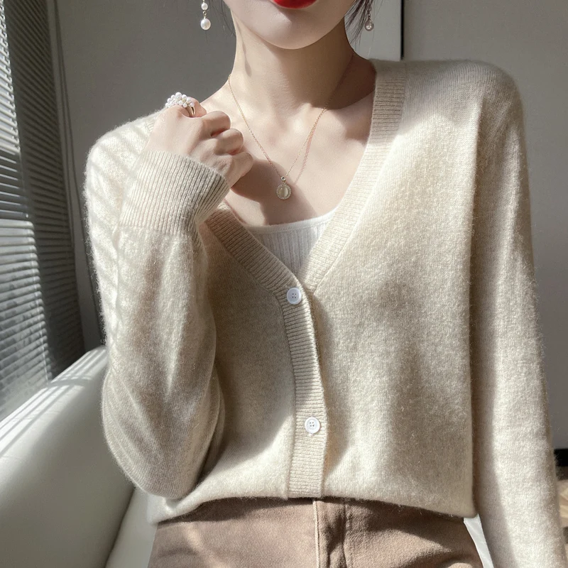 2023 Spring Autumn New Women 100% Cashmere Cardigans Basic Sweater Female Solid Color Soft Knitted Jacket V-Neck Shirt Top