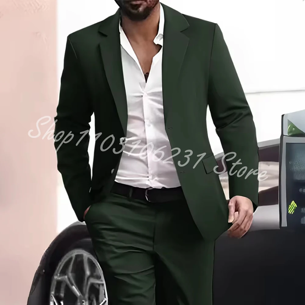 

Elegant Men's Suit 2 Piece Set Jacket+Pants Dark Green Slim Fit Business Casual Groom Wedding Tuxedo Formal Costume Homme