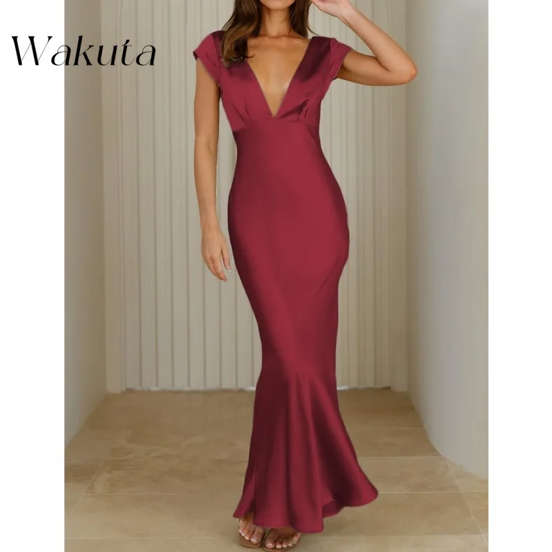 Wakuta Elegant Simple Satin V-Neck Cap Sleeve Solid Vestidos Sexy Backless Twisted Hollow Midi Wedding Guest Dresses فستان سهرة