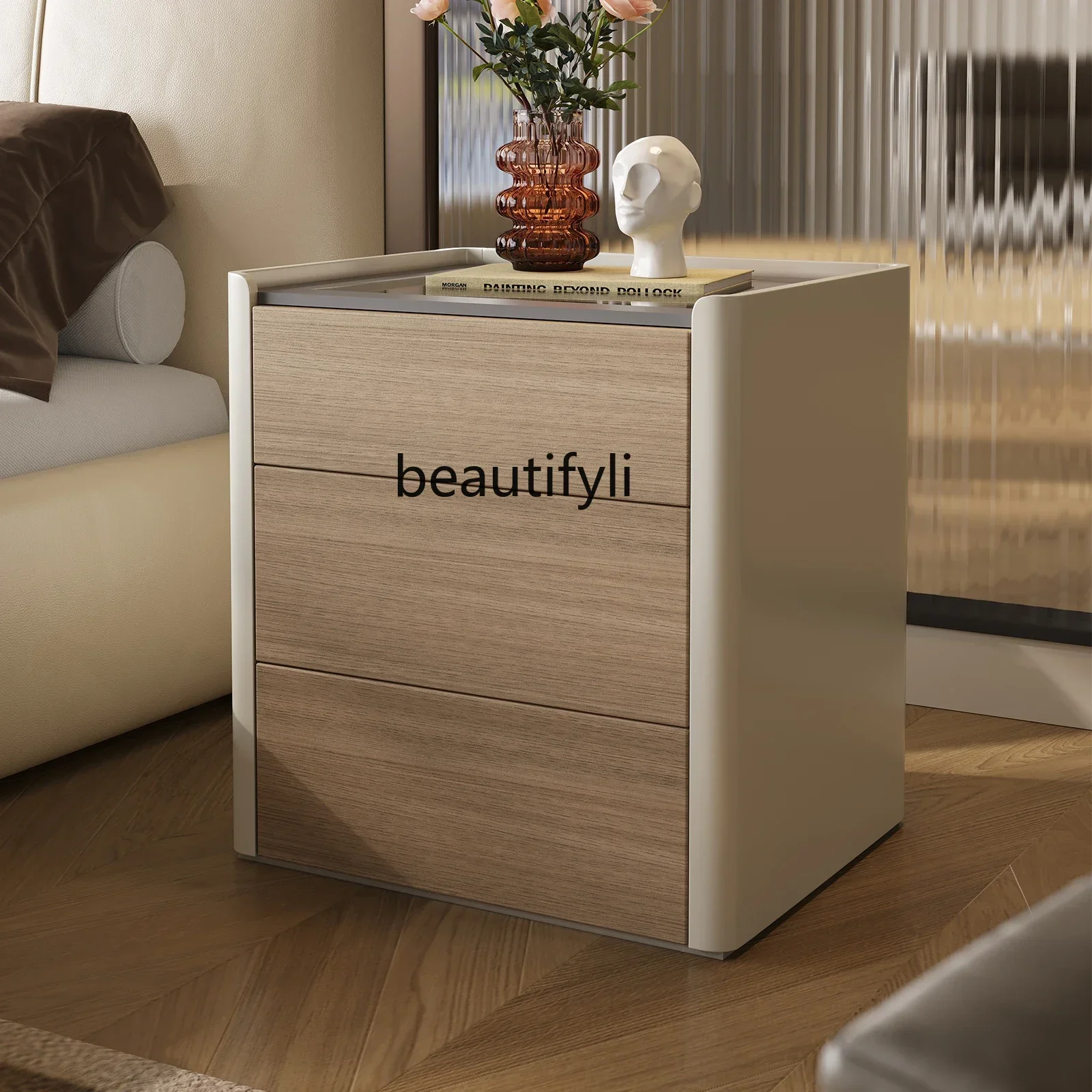 cc182Bedroom bedside table Italian minimalist paint bedside drawer cabinet light luxury storage three-bucket cabinet R