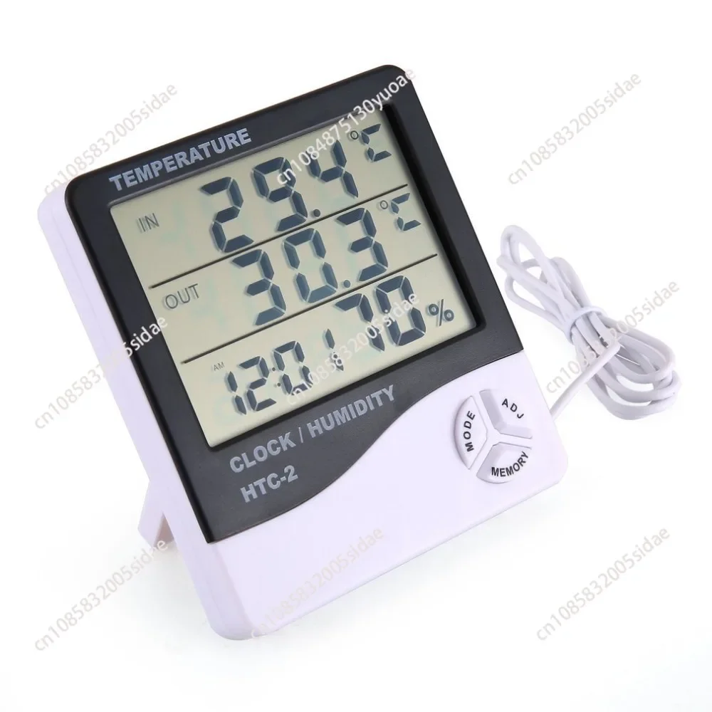 LCD Electronic Digital Temperature Humidity Meter Indoor Outdoor Thermometer Hygrometer Weather Station Clock HTC-2