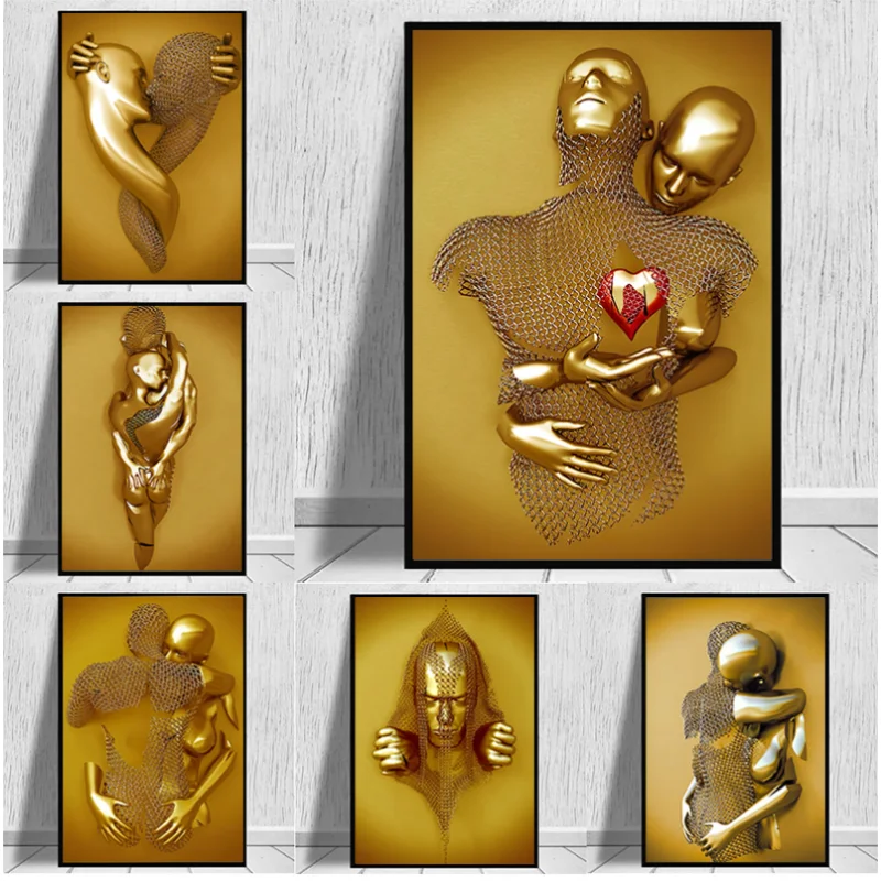 Metal Figure Statue Art Canvas Painting Golden Modern Lovers Sculpture Poster and Print Wall Pictures for Living Room Home Decor