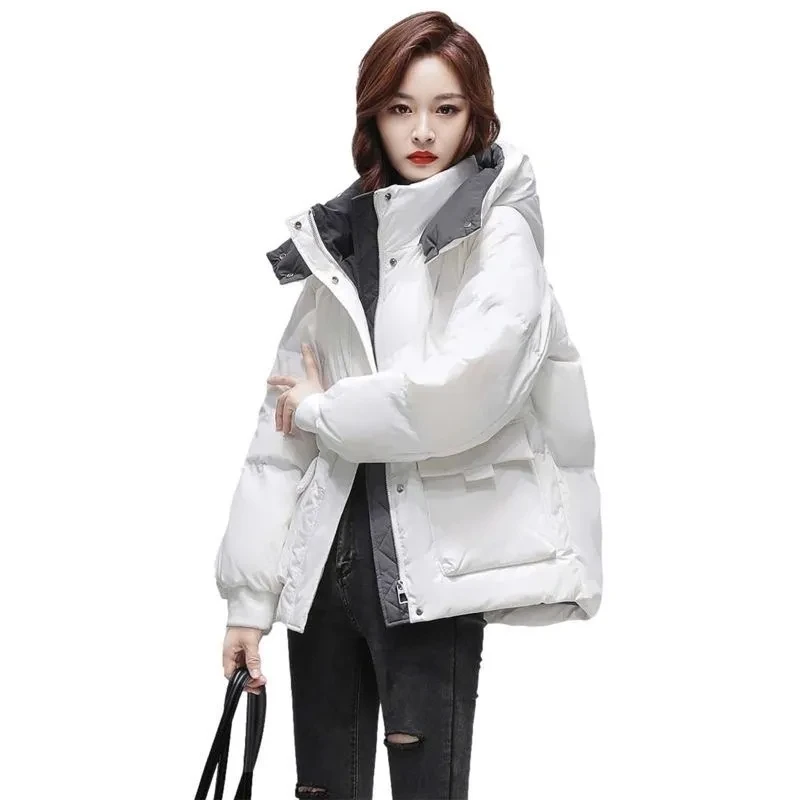 Winter Down Jacket 2024 New Short White Duck Down Coat Women\'s Solid Hooded Jackets Loose Warm Female Outwear Casual Clothing