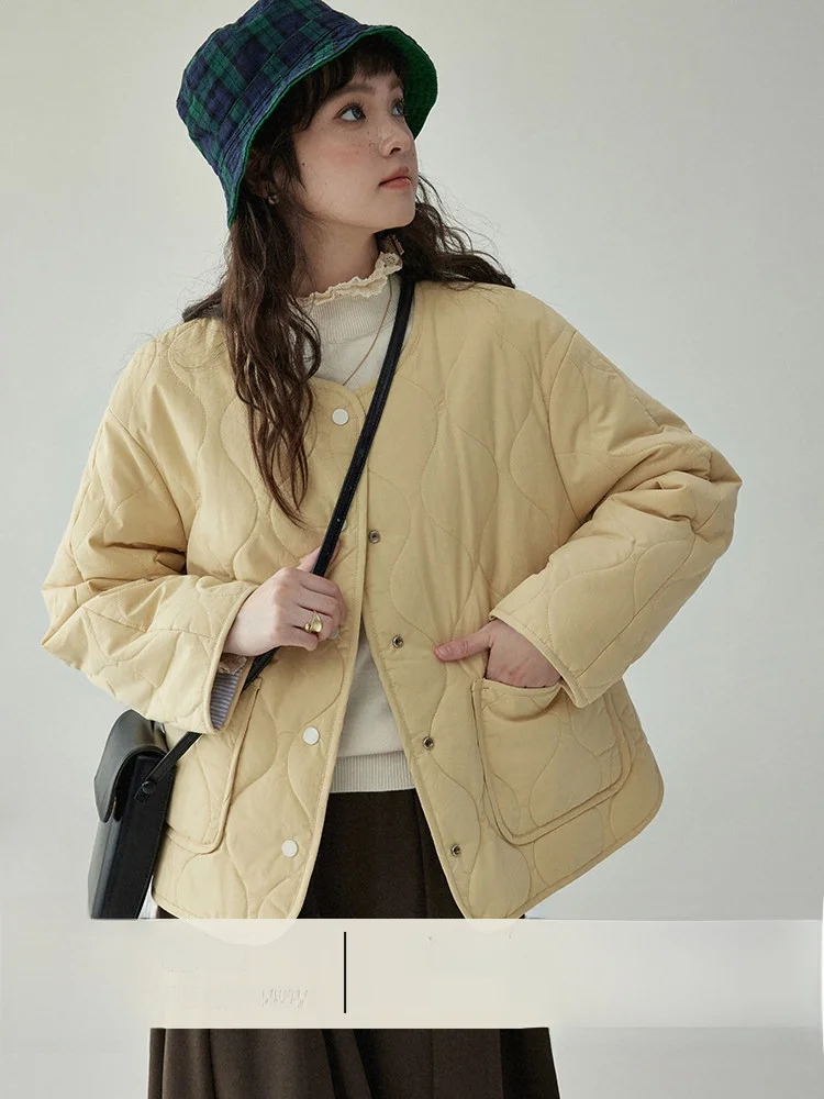 AMUU Original Korean Style Short Lightweight Bread Coat round Neck Two-Sided Wear Diamond Pattern Cotton Jacket for Women