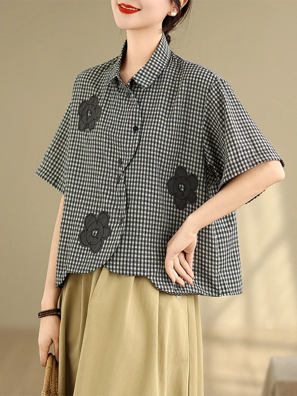 

plus Size Women's Summer Slimming Younger Floral Patchwork Plaid irt Design Sense Uneven Hem ort Sve Top