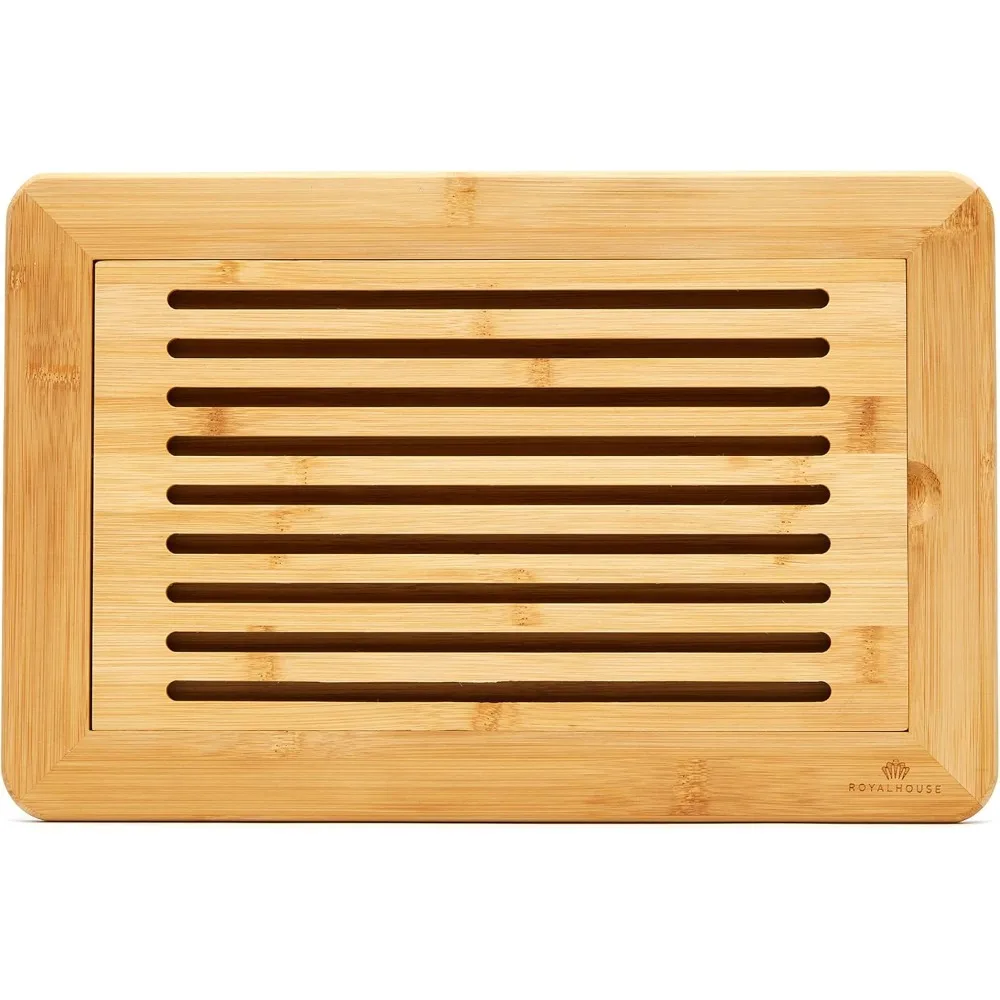 

Large Premium Natural Bamboo Bread Cutting Board with Crumb Tray, Bread Serving Tray for Kitchen