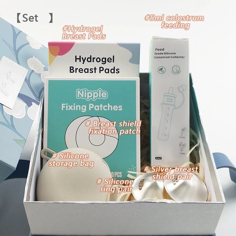 Gift box Breastfeeding Essentials Kit for Nursing Moms Multi-Purpose Starter Set with Colostrum Collector silver nursing cups