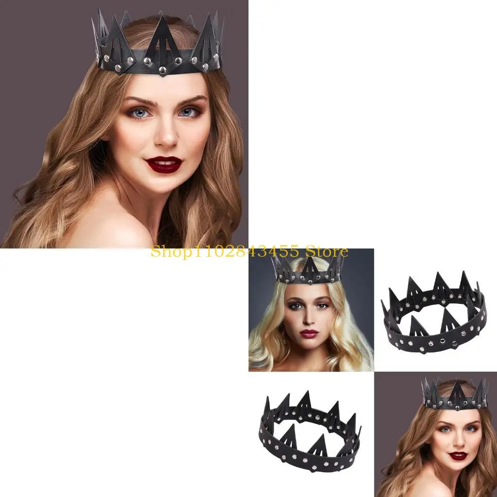 49MC Cosplay Queen Headwear Leather Spiked Crown for Halloween Party Wear Creative Headpiece Party Supplies