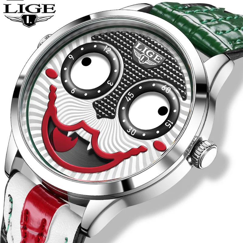 

LIGE 2025 креативные мужские часы, модные кварцевые наручные часы с клоуном, повседневный кожаный ремешок, водонепроницаемые мужские часы, спортивные часы на открытом воздухе