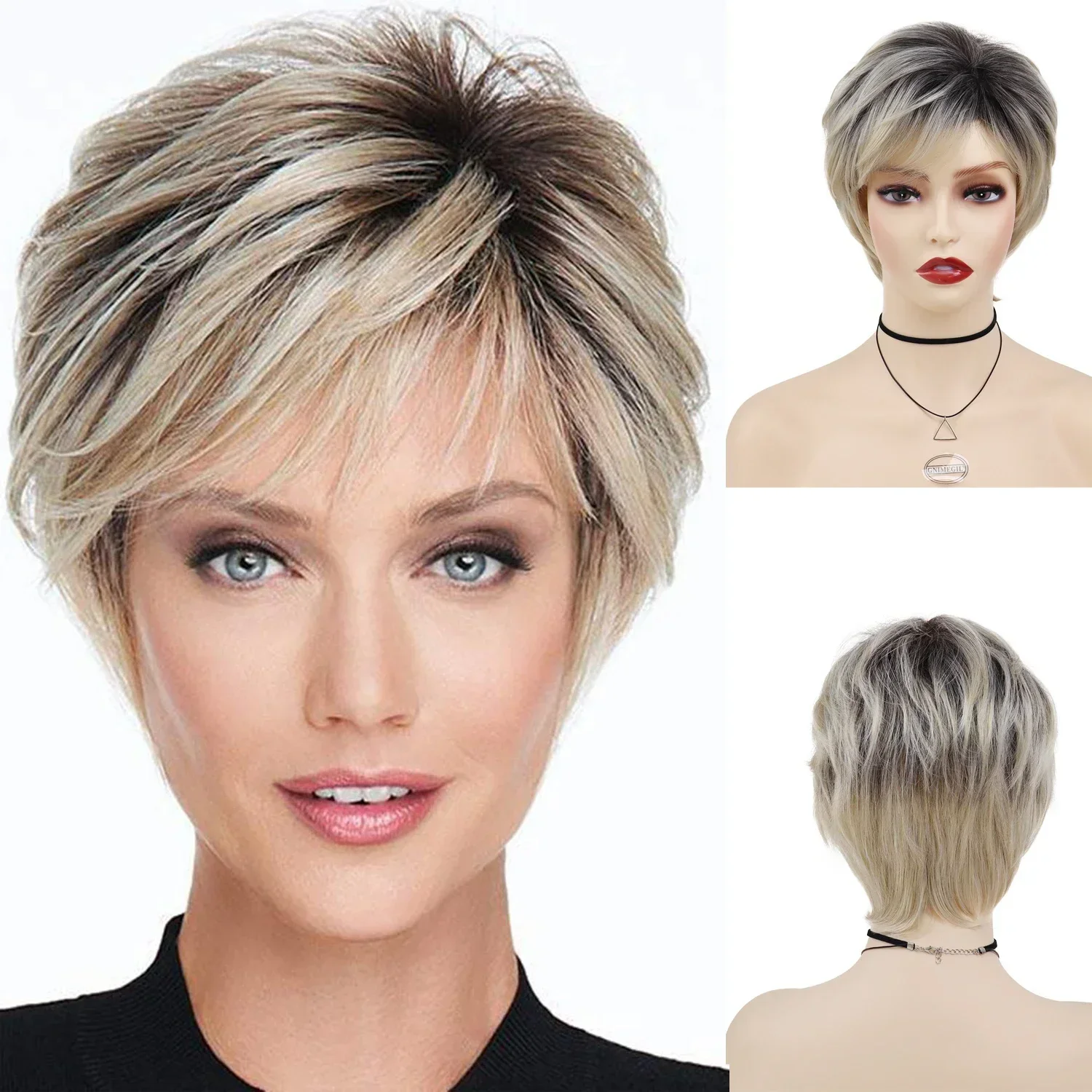 GNIMEGIL Synthetic Blonde Wigs with Bangs Short Haircuts for Women Natural Hair Black Roots Ombre Wig Mother Hairstyles Outfits