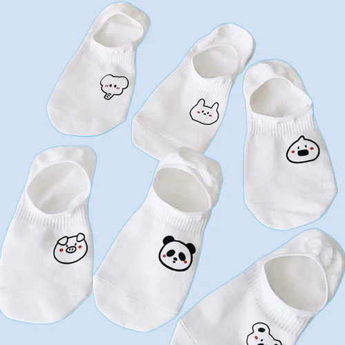 Chaussettes de bateau de dessin animé blanc pour femmes, chaussettes d'équipage invisibles coordonnantes en silicone, chaussettes peu profondes, chaussettes de croquis d'été, chaussettes fines mignonnes, 5 paires