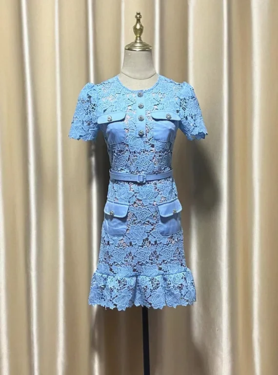 Imagem -05 - Vestido Feminino de Renda de Manga Curta Slim Fit Roupas Azul Bebê Solúvel em Água Ajuste Fino Pacote Alto Novo Designer 2024