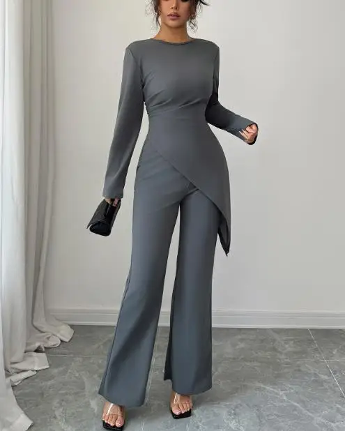 

Women's Casual Minimalist Long Sleeve T-Shirt And Straight Leg Pants Set Autumn Winter 2025 Fashion Comfortable Clothing