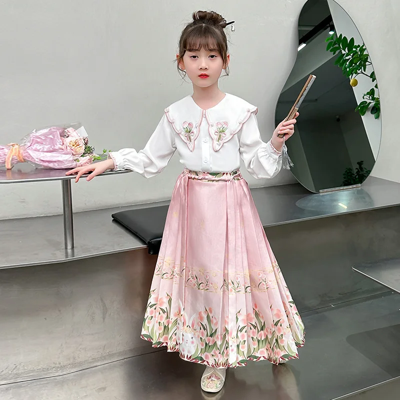 Chinese Style Clothing Ancient Improved Hanfu Two Piece Set of Doll neck Embroidered Top Horse Face Skirt Daily Suit for Girls