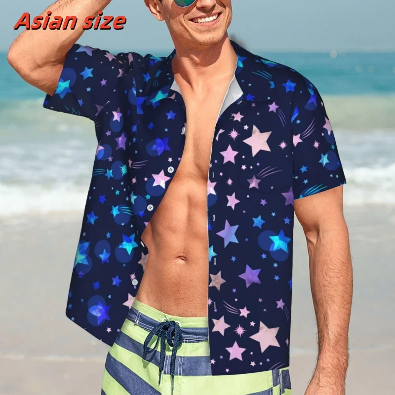 Star Moon Pattern Hawaiian Shirt For Men Colorful Night Sky 3D Printed Blouse Summer Loose Short Sleeve Lapel Tops Aloha Shirts