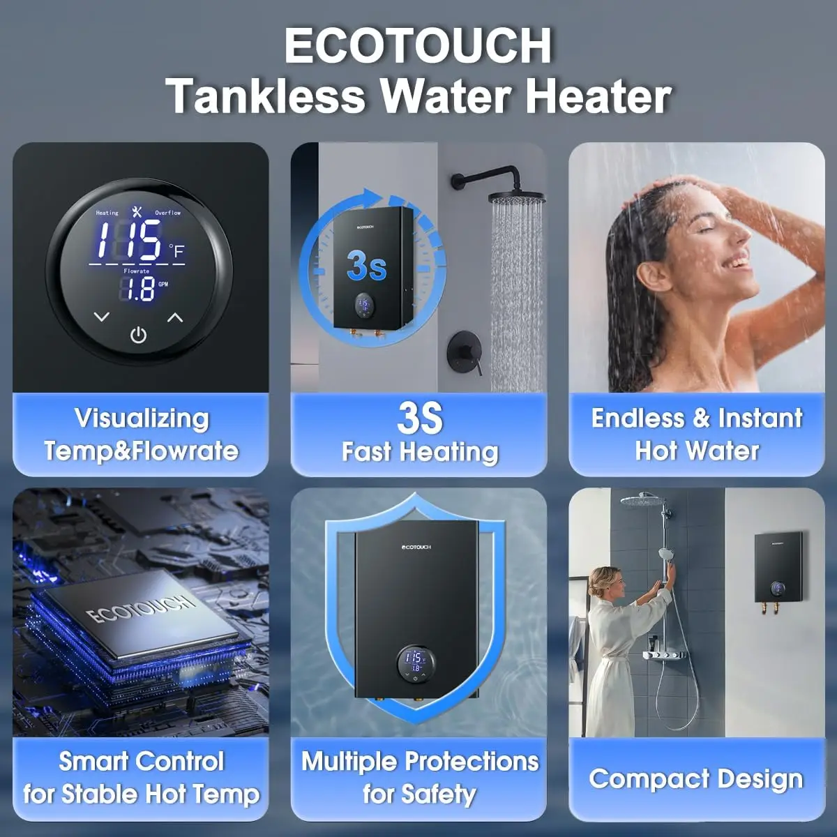 Water Heater, ECOTOUCH 14kW Instant Hot Water Heater on Demand 240V Point of Use Hot Water Heater ETL Certificated Self-Modulati