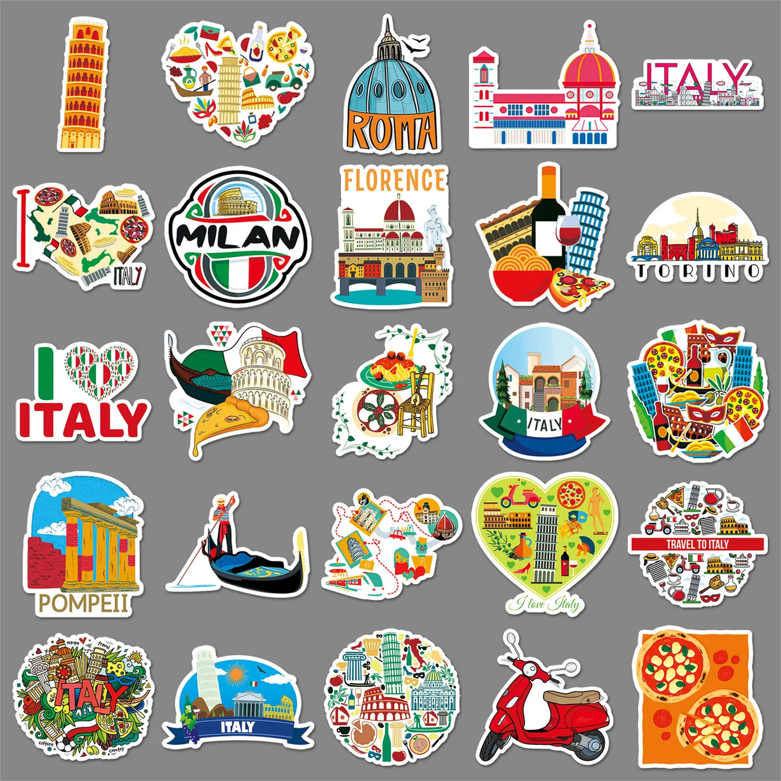 

50PCS Cartoon Outdoor Travel Italy Scenic Landmark Waterproof Decoration DIY Bicycle Scooter Phone Case Laptop Decal Kids Toy