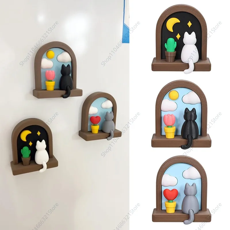 ndow Sill Cat Kühlschrankmagnet, Cartoon-Kätzchen-Kühlschrankaufkleber, niedliches Magnetdekor mit Himmel, Mond und Blumen, Kühlschrank-Ornament für die Küche