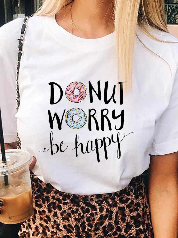 Fashion Donut worry be happy T-shirt Women's Clothing Summer Short Sleeves Tops Cartoon Casual Kawaii T Shirts Ladies Clothes