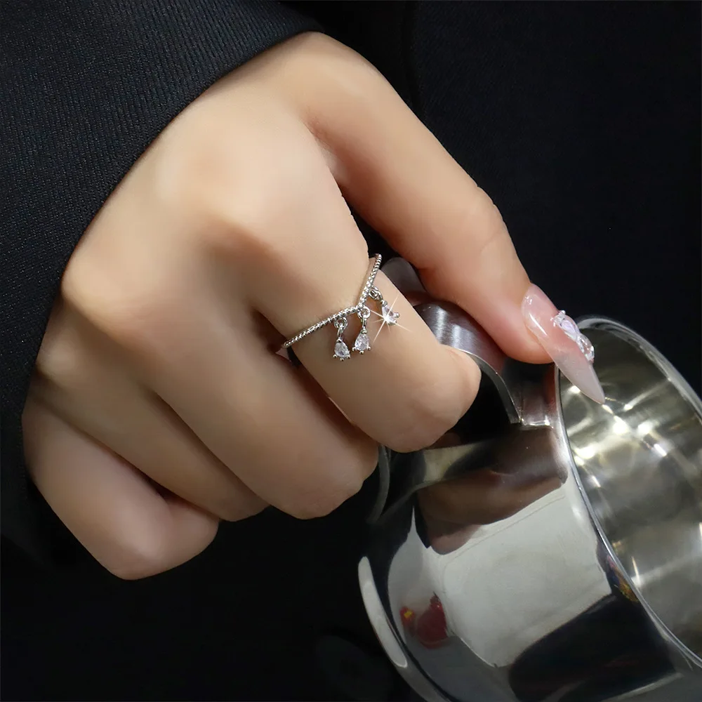 Adjustable Open Ring for Women Dainty Tear Drop Cubic Zirconia Tassel Dangle Finger Ring Shiny Party Wedding Jewelry Gift