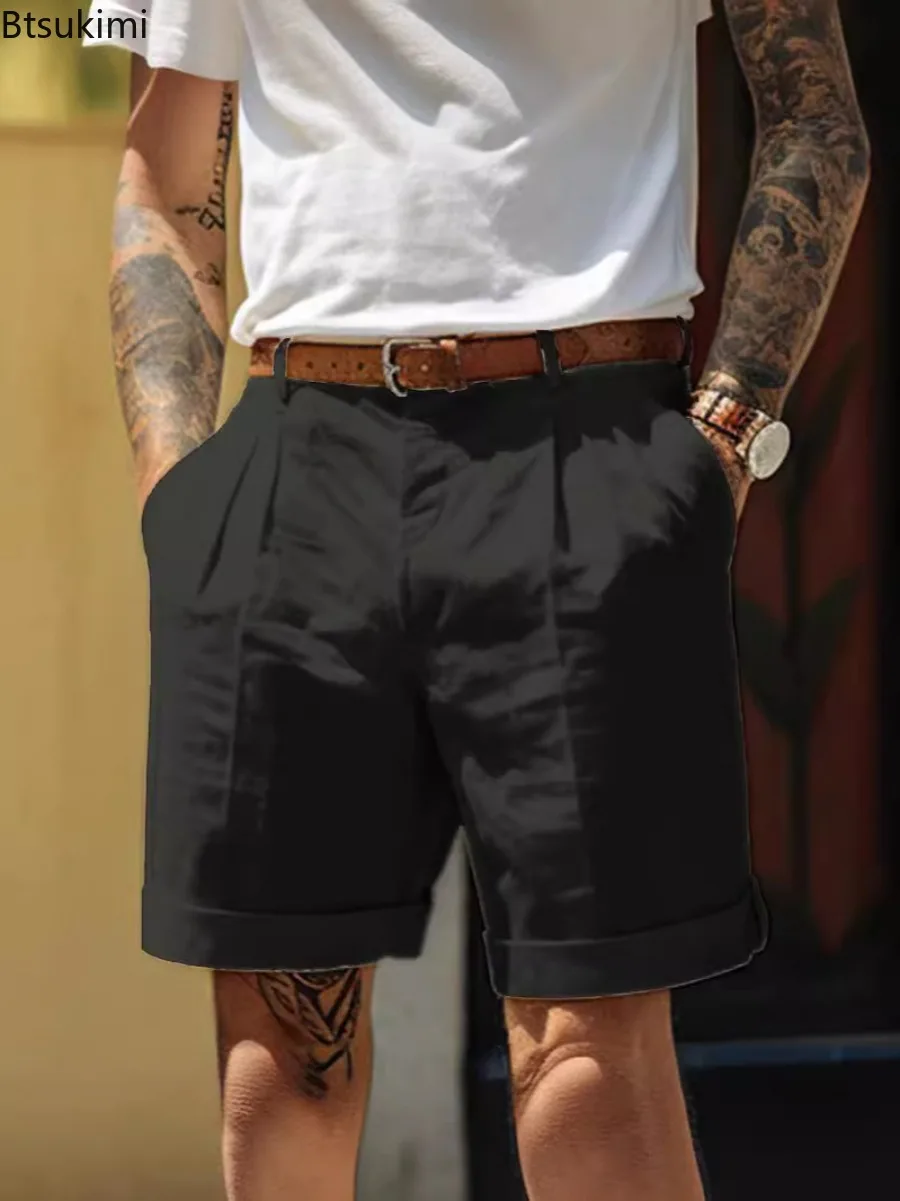 Summer Fashion Solid Cotton Linen Shorts for Men Breathable Pleated Loose Casual Straight Shorts Men Daily Versatile Short Pants - Image 5