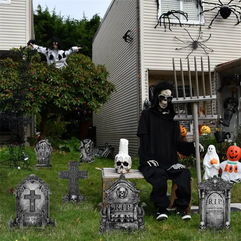 3/6Pcs 2024 Halloween Tombstone Decor Skull Tombstone RIP Letters Bad Omens Haunted House Decor for Patio Garden Frighten Kids