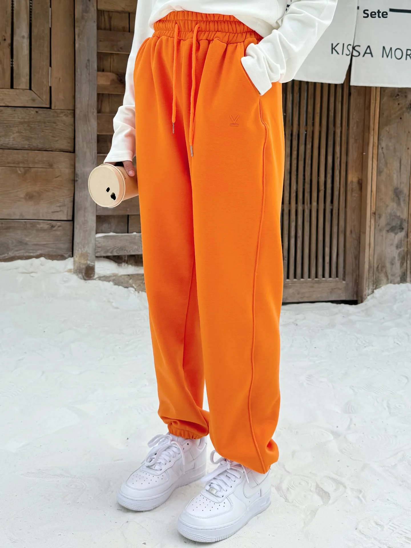 pantalon-de-sport-ample-double-polaire-pour-filles-pantalon-long-decontracte-d'hiver-pour-jeunes-garcons-melange-polyester-coton-elasthanne-orange