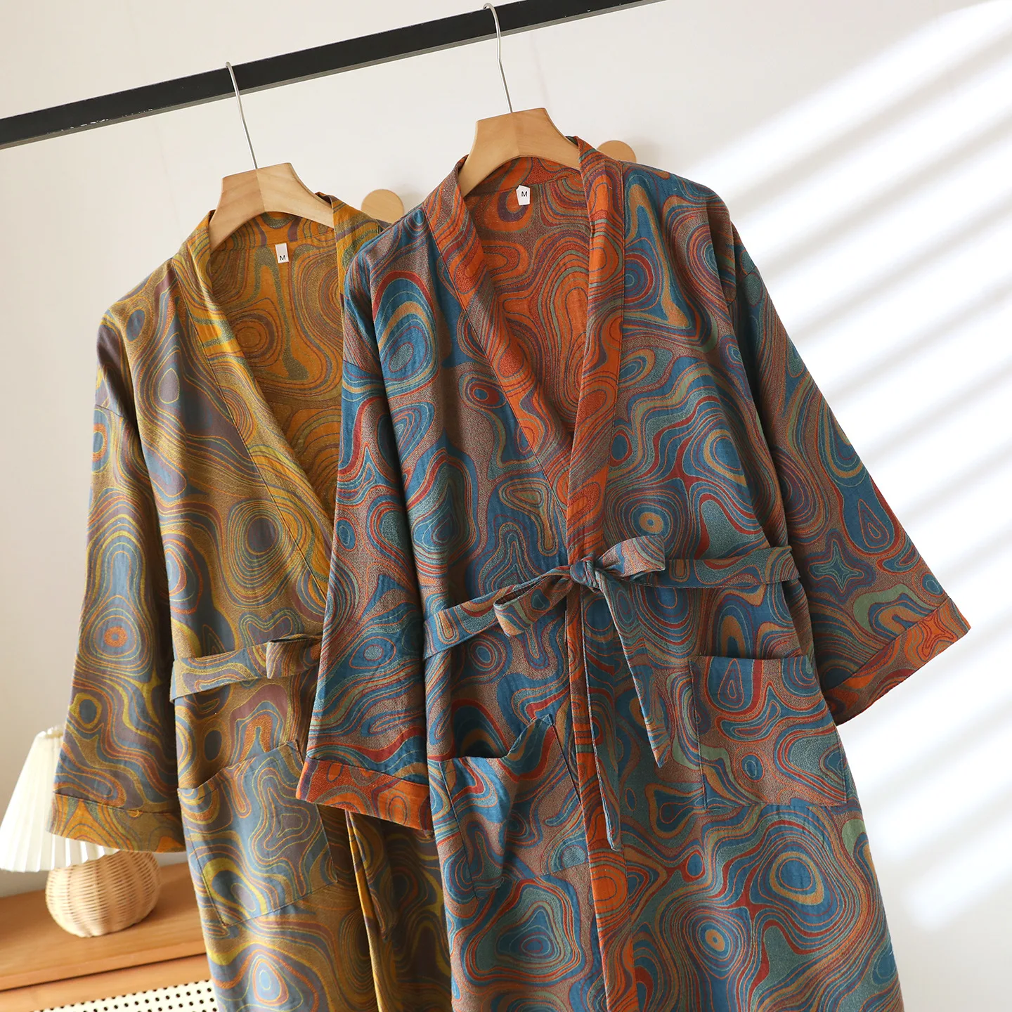 ثوب نوم قطني منسوج ملون للنساء بيجامة كيمونو مع جيوب مزدوجة وحزام ملابس منزلية #3