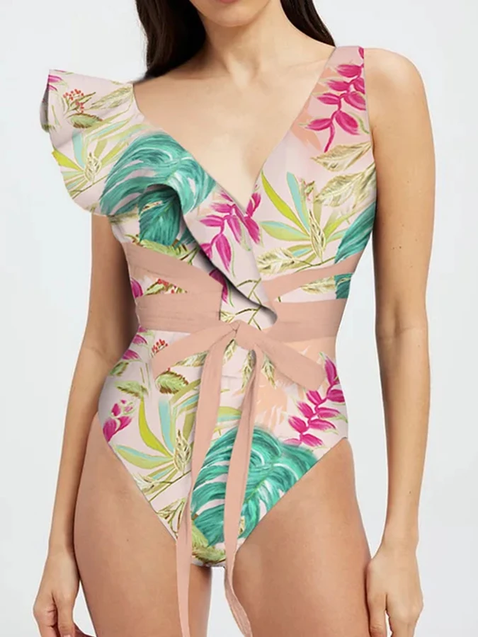 

Botanical Print Women Beach Wear 1 Piece Swimsuit and Women's Dress 2023 Summer Female New Swimwear One Shoulder Sexy Tankini