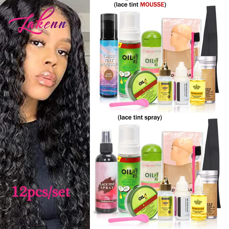 

Wig Install Kit 12Pcs Lace Melting Spray Lace Tint Mousse Strong Hold Wig Glue Hair Wax Stick Wig Band Hair Styling Appliances