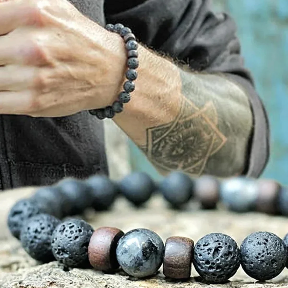 

8mm Volcanic Stone Bracelet for Men Lava Wooden Beads Bracelet Tibetan Buddha Male Wrist Chain Jewelry Handmade Elastic Bracelet
