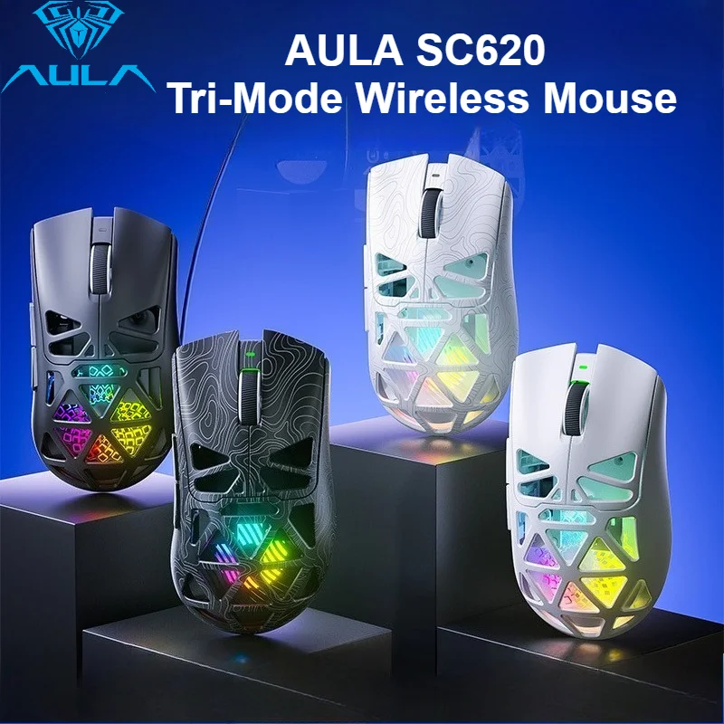AULA SC620 Wireless Gaming Mouse Tri-Mode Bluetooth 2.4G Wired 67g Honeycomb PAW3311 12000 DPI RGB Ergonomic Gamer Mouse