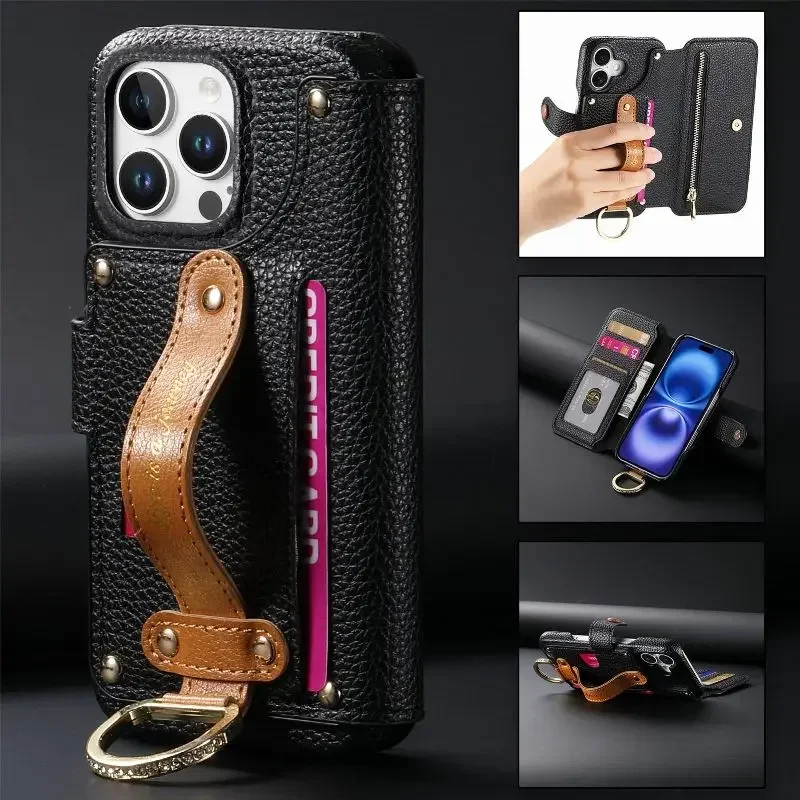 

Magnetic Button Flip Wallet Card Case with Wristband for iPhone 16 pro Max 15 14 13 12 11 pro XR XS Max 6 7 8 plus - Phone Cover