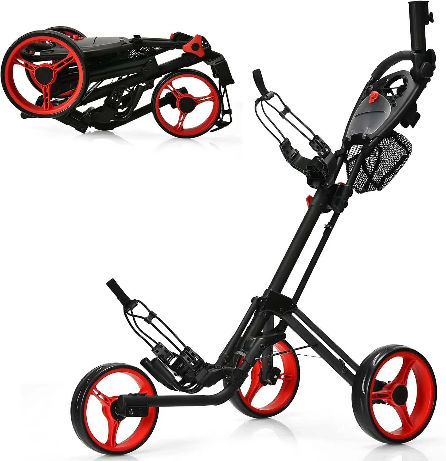 Folding Golf Push Cart, 3 Wheel Height Adjustable Lightweight Golf Push Trolley W/Umbrella Holder & Mesh Bag, Quick Open F