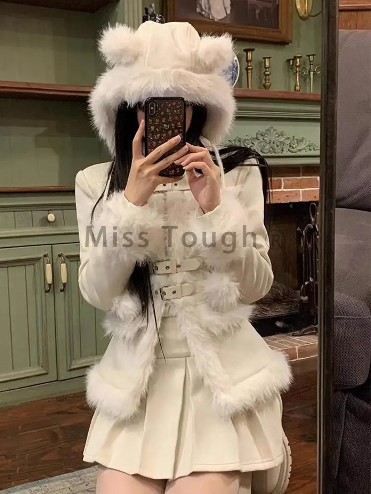 Frence Warm Elegant Sweet 2 Piece Set Women Korean Fashion Fluffy Solid Skirt Suit Female Pleated Vintage Ladies Sets 2024 New