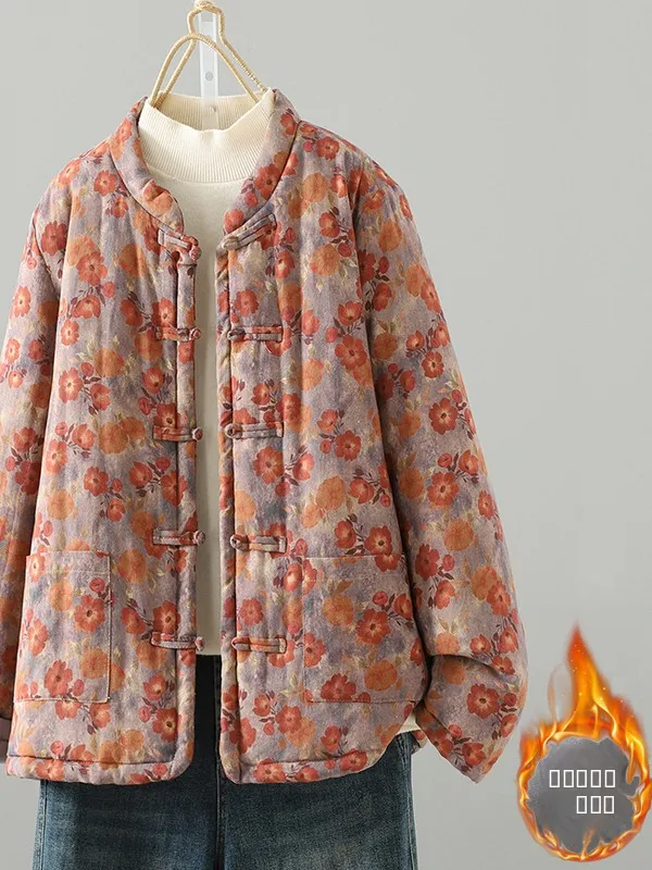 

Autumn Winter Thiened Floral Print Cotton Jaet Retro Chinese Sle Patchwork Cotton Coat with Button Closure Loose Fit Wo...
