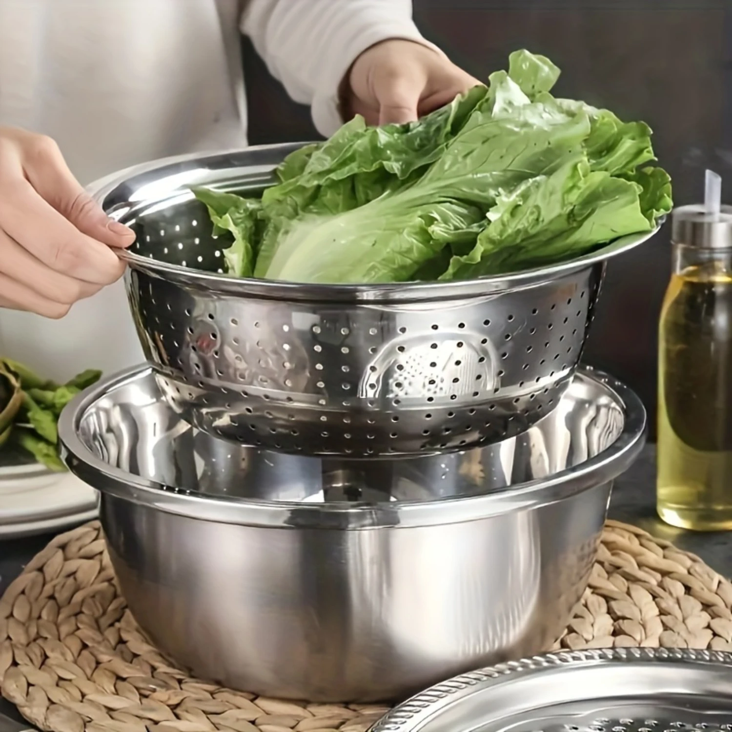 Stainless Steel Kitchen Set  Colander, Vegetable & Fruit Slicer, Grater - Includes Potato Peeler, Carrot Shredder, Rice Washer B