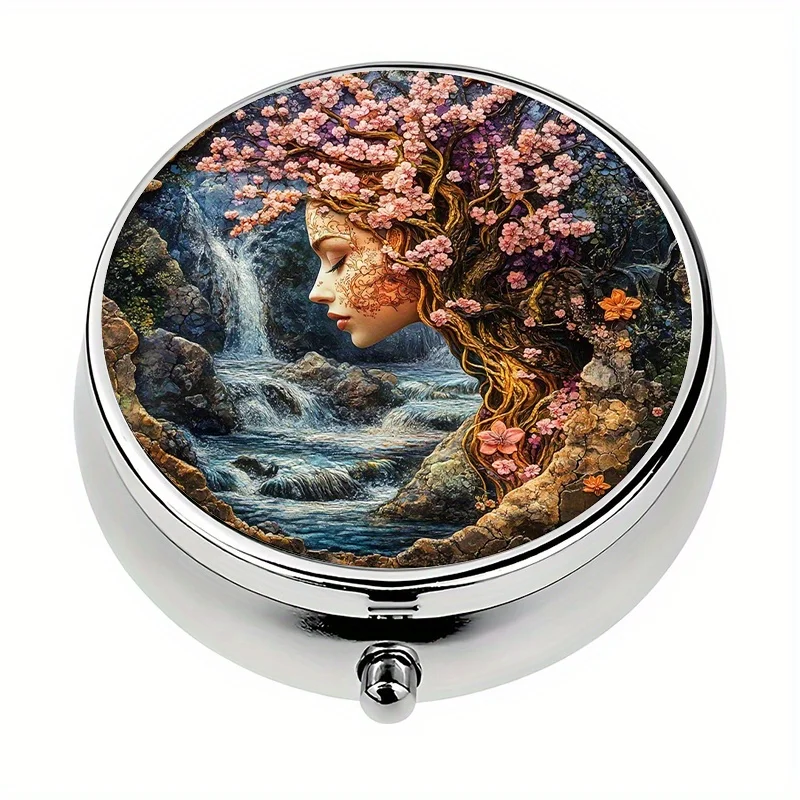 1 box with 3 compartments, featuring a fantasy natural scene, waterfall, magical forest, container, storage box, decorative metal storage box, used for storing medicines and vitamins, flat print, flat