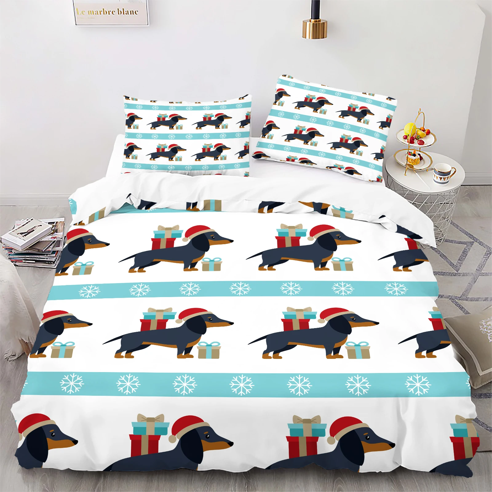 Cute Christmas Dachshund Duvet Set with Santa Hats & Gifts on Blue Stripe Background. Cozy Holiday Bedding for Dog Lovers