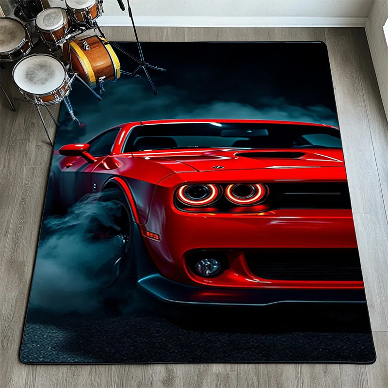 Muscle Car Racing Pattern Area Rug, for Living Room, Bedroom, Office - Vintage Muscle Car Style Home Decor Mat