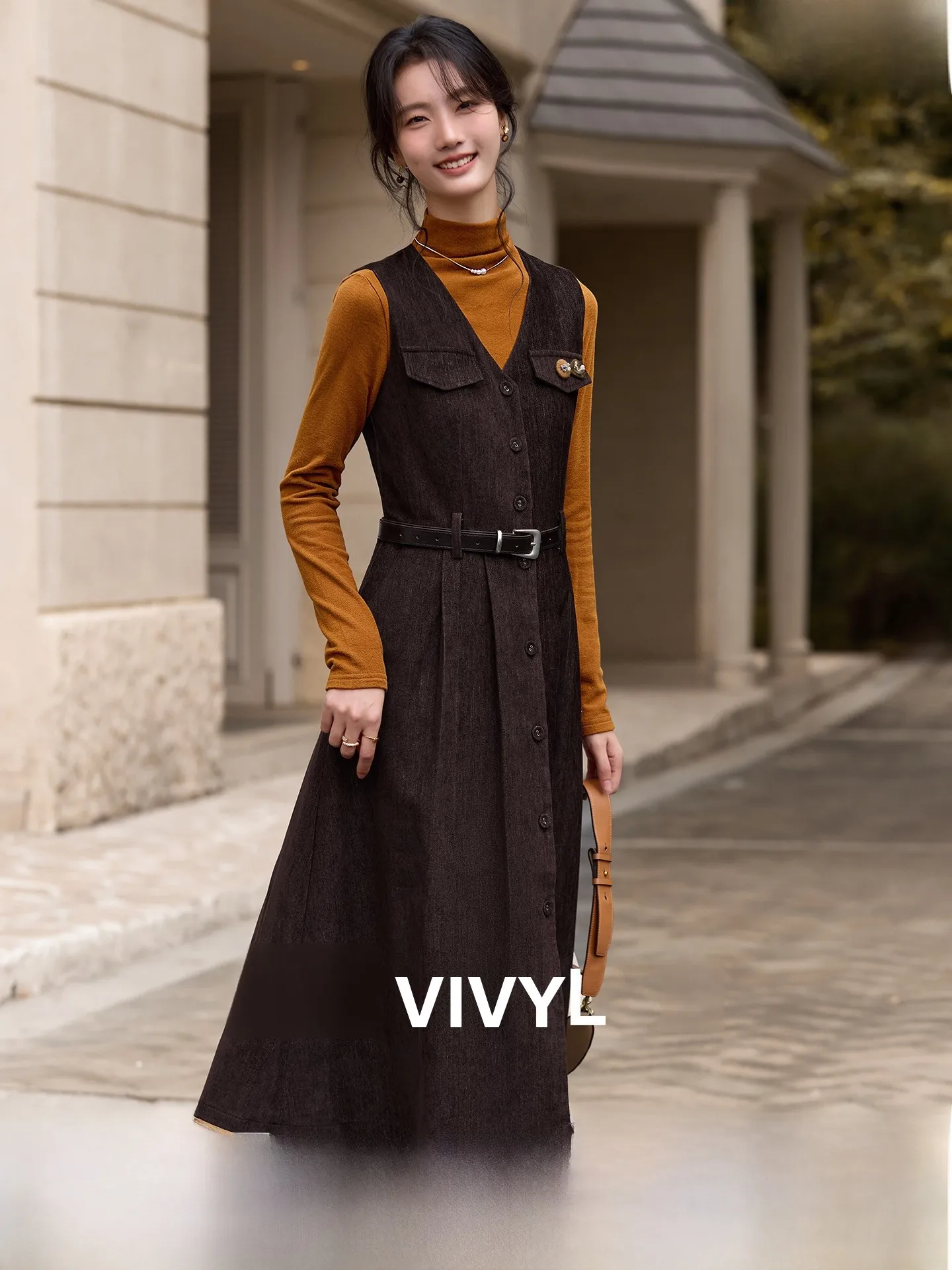 

Women's V-Ne Vest Dr Set Winter New Sle Stand Collar Long Skirt Two-Piece Casual Faion Polyester Fiber Knitted Sweater